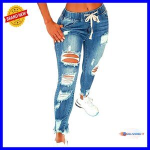High Waist Skinny Stretch Ripped Jeans Plus Size Destroyed Denim Pants